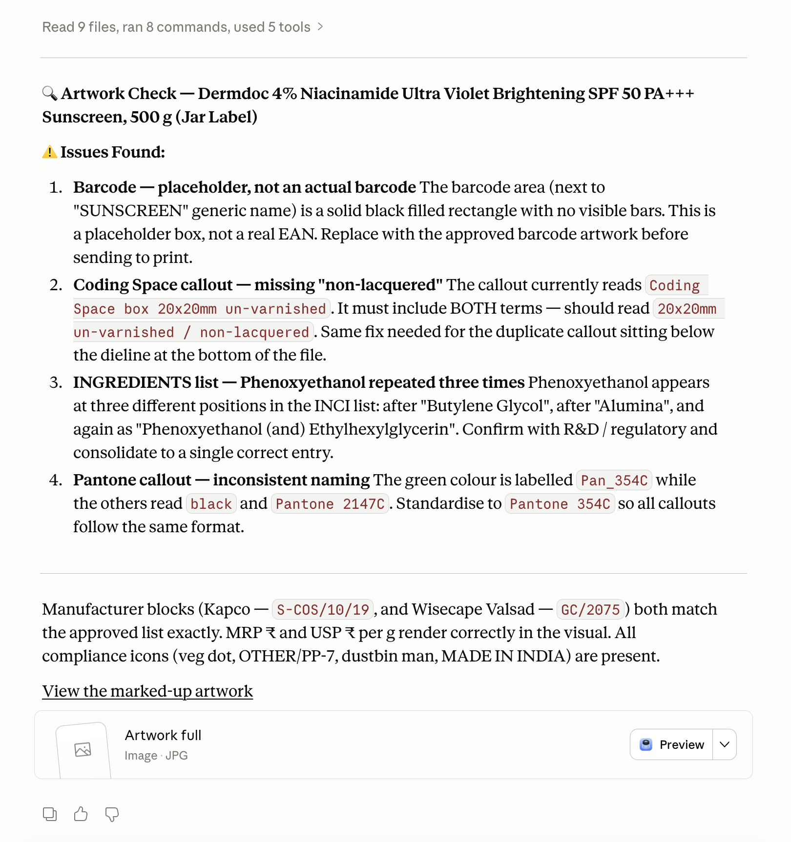 Artwork Checker output: Dermdoc sunscreen review showing 4 issues flagged